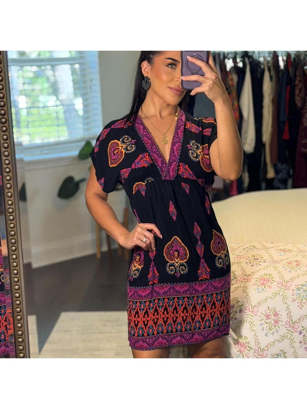 100% Rayon Angie Boho Paisley Babydoll Mini Dress Festival Western Coquette Y2K
